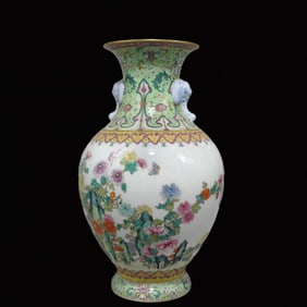 An Exquisite Famille-Rose Flower and Butterfly Pattern Elephant-Ears Vase,with poem