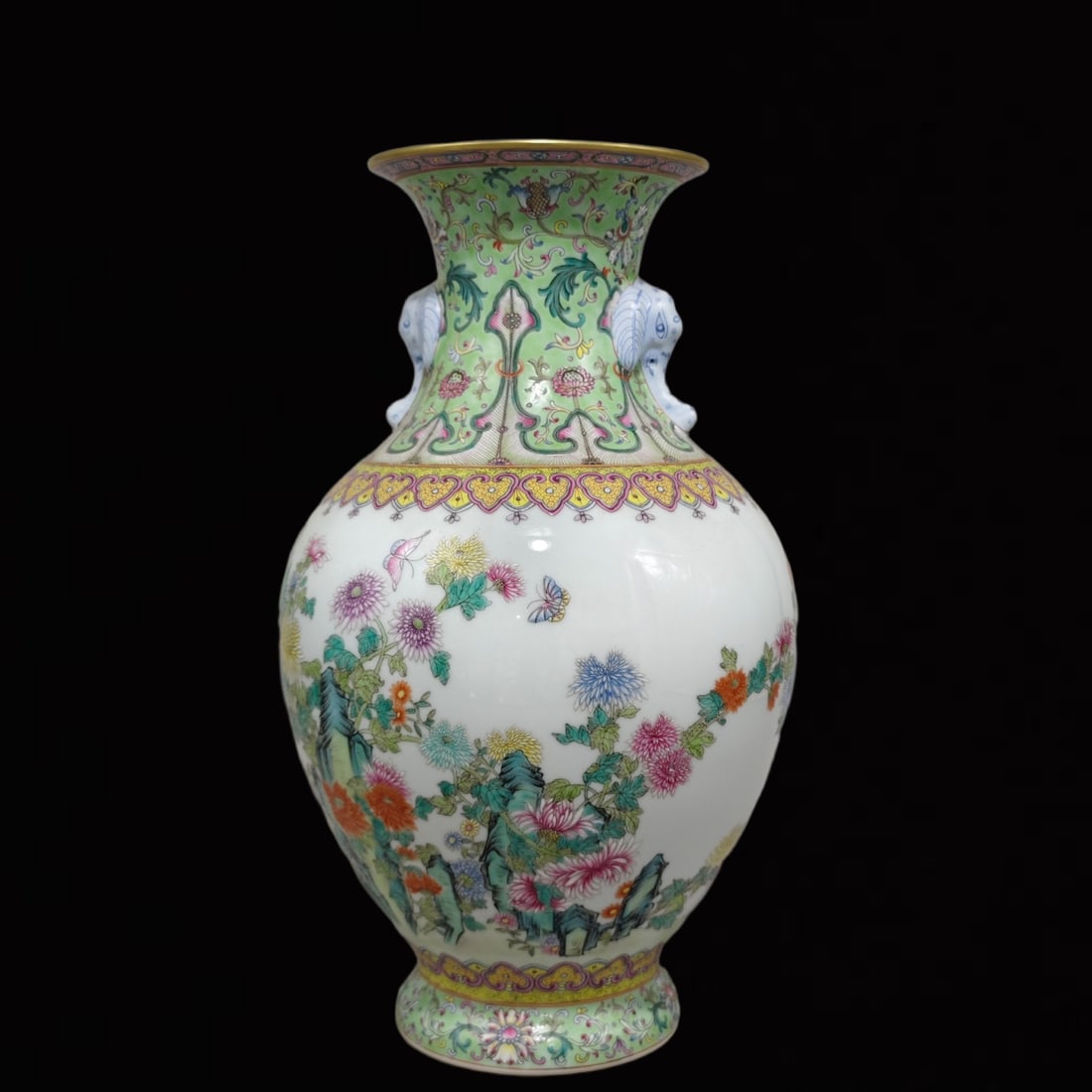 An Exquisite Famille-Rose Flower and Butterfly Pattern Elephant-Ears Vase,with poem: An Exquisite Famille-Rose Flower and Butterfly Pattern Elephant-Ears Vase,with poem,Qing Dynasty,China,Qianlong Six-character Mark,Size:15.4inx9.1in 