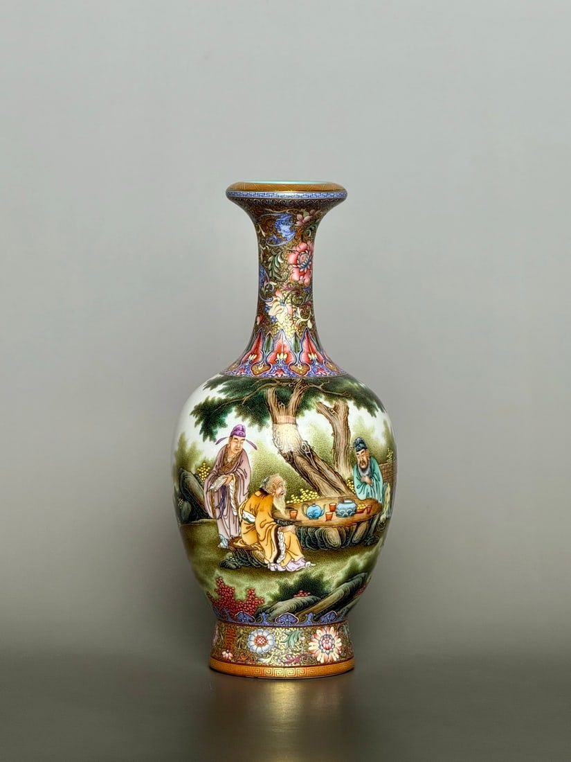 An Exquisite Gold Ground Enamel Character and Story Pattern Vase: An Exquisite Gold Ground Enamel Character and Story Pattern Vase,Qing Dynasty,China,Qianlong Four-character Mark,Size:9.8inx4.6in 