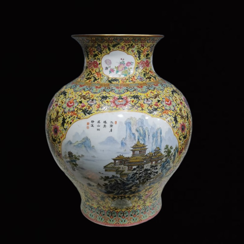 A Huge Yellow Ground Famille-Rose Landscape Pattern Jar?with Poem: A Huge Yellow Ground Famille-Rose Landscape Pattern Jar，with Poem,Qing Dynasty,China,Qianlong Four-Character Mark,Size:22.8inx18.5in 黄地粉彩山水纹 
