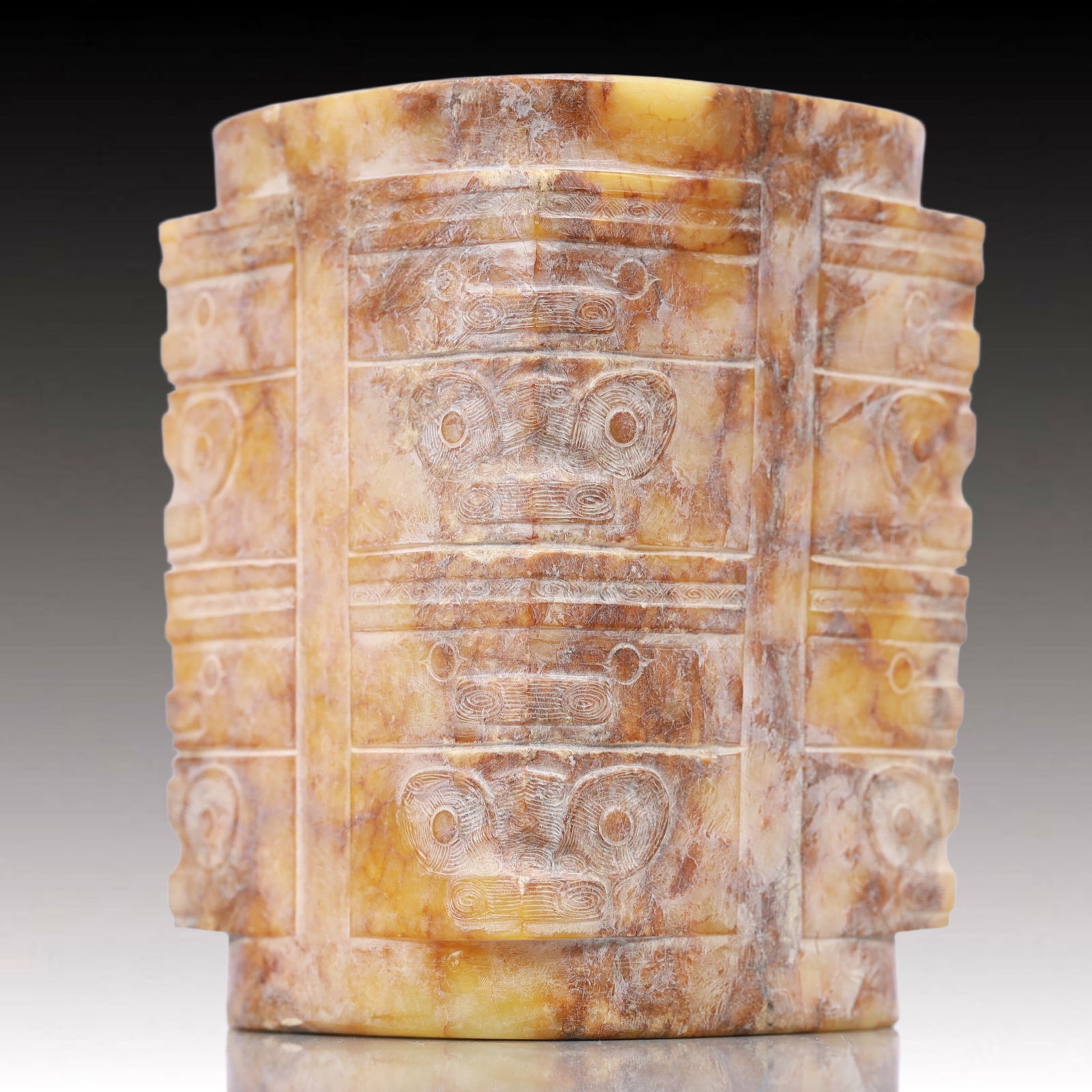 An Archaic Hongshan Culture Yellow Jade Cong: An Archaic Hongshan Culture Yellow Jade Cong,Ancient Time, China,Size:3.3inx4.7in Weight:1350g 红山文化黄玉琮,新石器时期