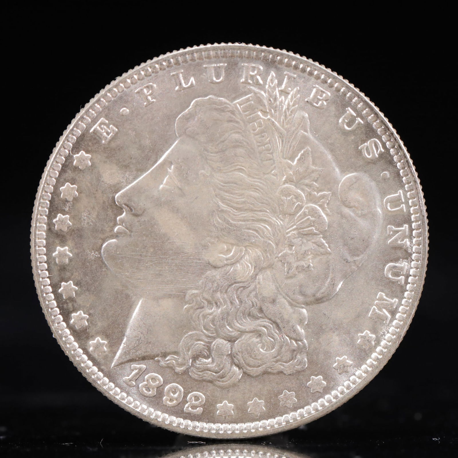 USA Morgan Dollar 1892 Coin: Obv: profile bust with date below and E PLURIBUS UNUM legend and stars around. Rev: eagle with In God we trust above within wreath with UNITED STATES OF AMERICA ONE DOLLAR legend. IN GOD WE TRUST / LI