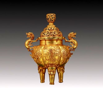 An Exquisite Gilt Bronze Kylin Pattern Double-Ears and Tripod Censer