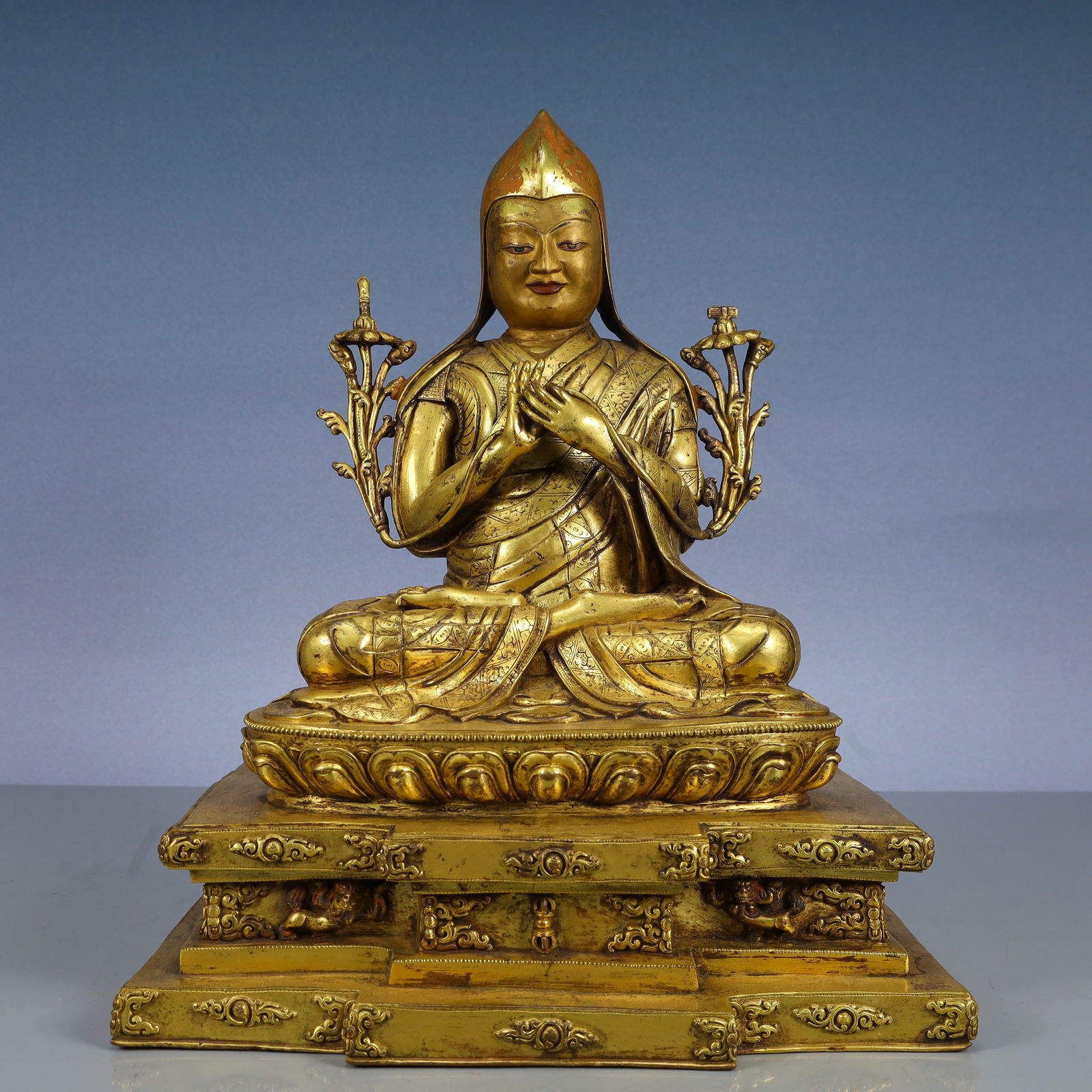 A Solemn Gilt Bronze Statue of Tsongkhapa: A Solemn Gilt Bronze Statue of Tsongkhapa,Qing Dynasty, China,Size:11.4inx7.5inx13.8in,Weight:9850g 铜鎏金宗喀巴像,中国清代
