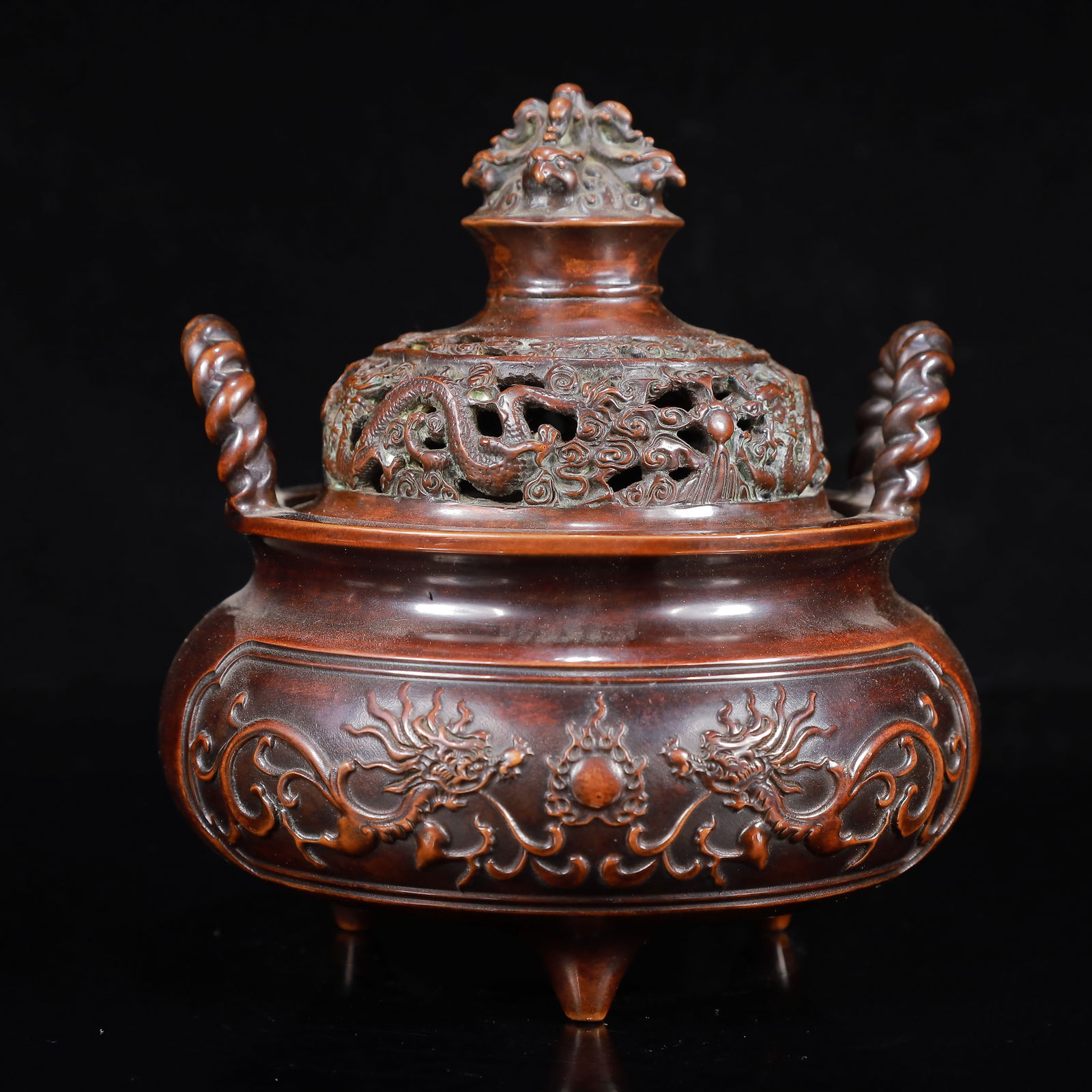 A Rare Bronze Dragon Pattern Double-Ears and Tripod Censer (1 of 12)