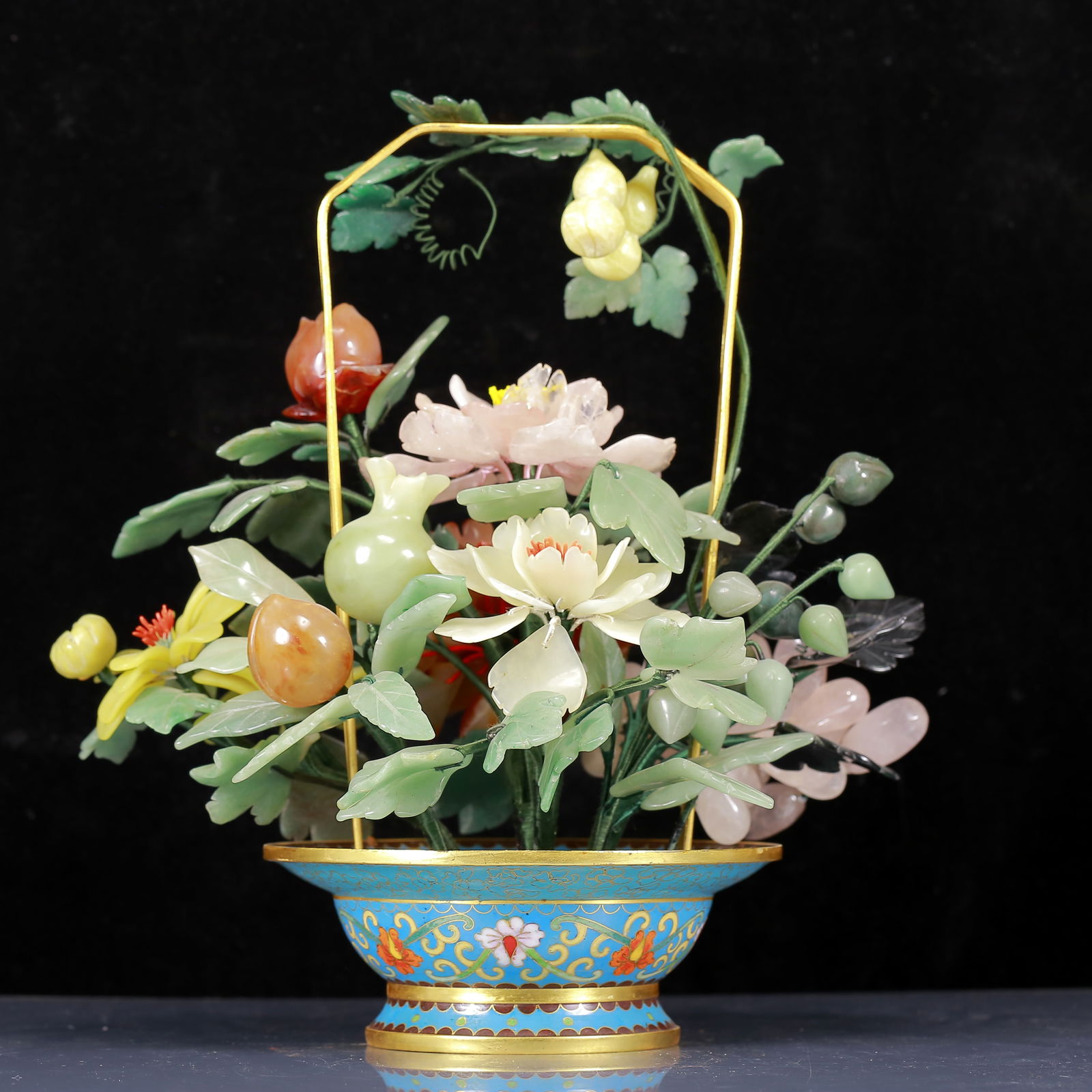 A Rare Hetian Jade Flower and Fruit Bonsai: A Rare Hetian Jade Flower and Fruit Bonsai,Qing Dynasty, China,Size: 11.4inx7.9inx13.4in,Weight:3210g 和田玉花果盆景，清代