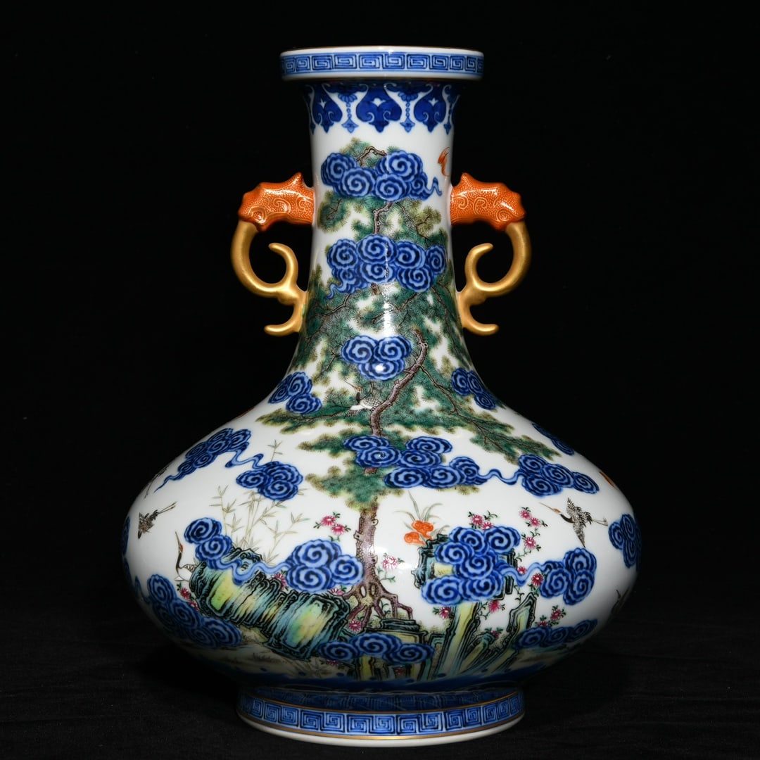 An Exquisite Blue and White Famille-Rose Auspicious Cloud and Crane Pattern Double-Ears Vase: An Exquisite Blue and White Famille-Rose Auspicious Cloud and Crane Pattern Double-Ears Vase,Qing Dynasty,China,Qianlong Six-Character Mark,Size:10.8inx8.3in 