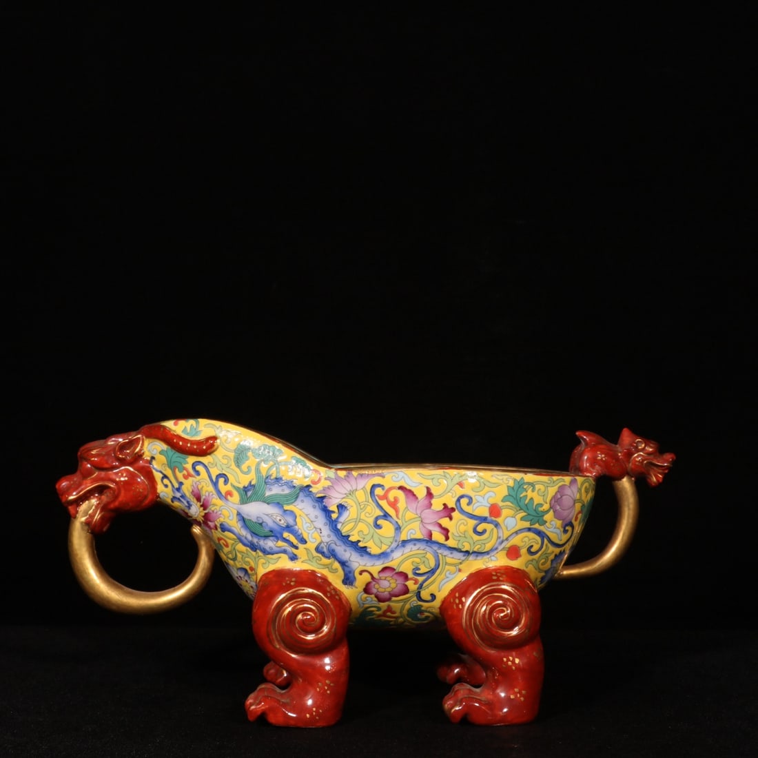 An Exquisite Enamel Painted Gold Lotus and Dragon Pattern Buffalo Cup: An Exquisite Enamel Painted Gold Lotus and Dragon Pattern Buffalo Cup,Qing Dynasty,China,Qianlong Four-character Mark,Size:4.3inx6.3in 