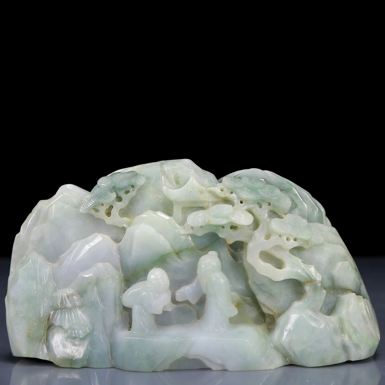 An Exquisite Jadeite Landscape and Figure Pattern Ornament: An Exquisite Jadeite Landscape and Figure Pattern Ornament,Qing Dynasty, China,Size: 6.3inx1.6inx3.1in,Weight:860g 