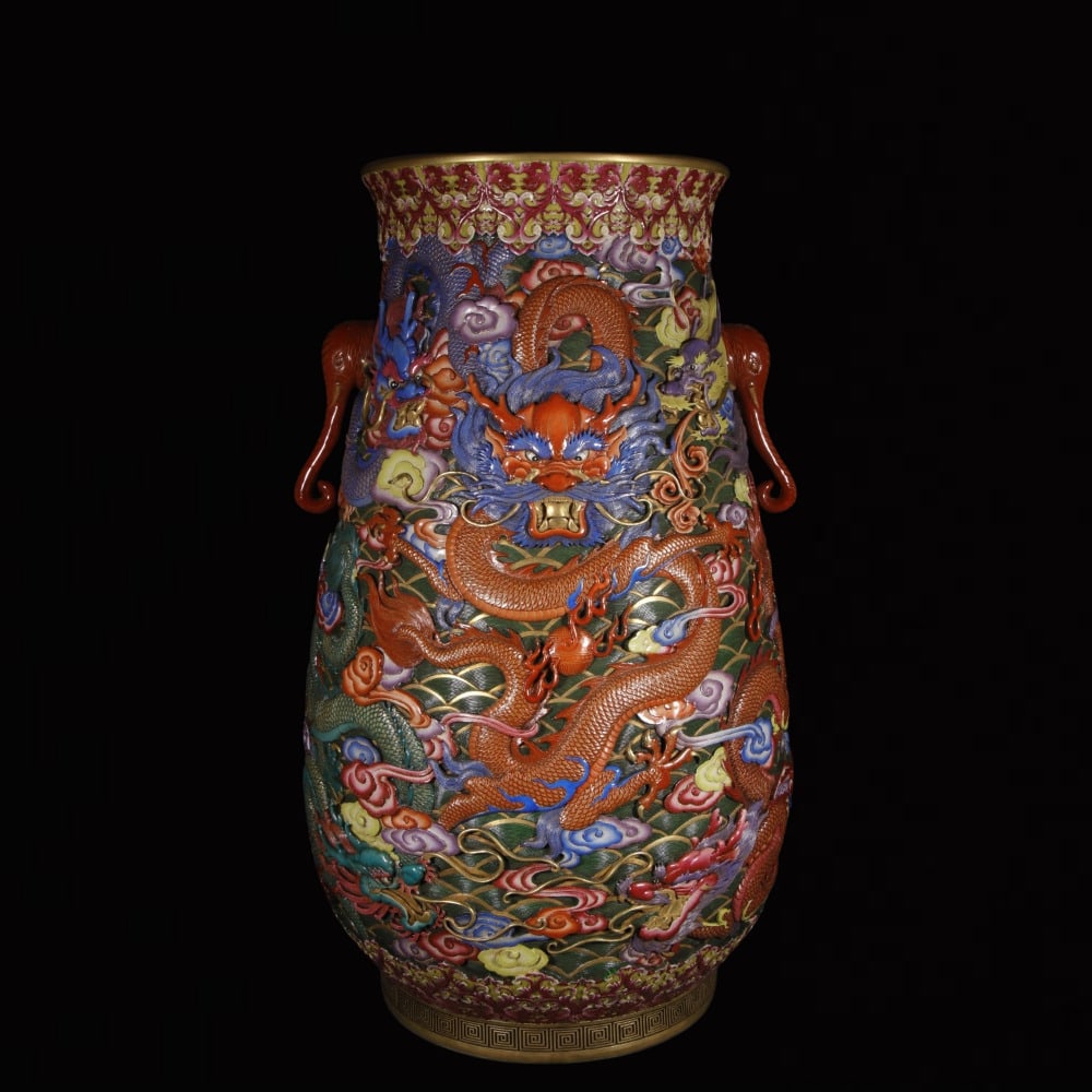 An Exquisite Enamel Seawater and Dragon Pattern Elephant-Ears Vase: An Exquisite Enamel Seawater and Dragon Pattern Elephant-Ears Vase,Qing Dynasty,China,Qianlong Six-character Mark,Size:30.7inx13in 