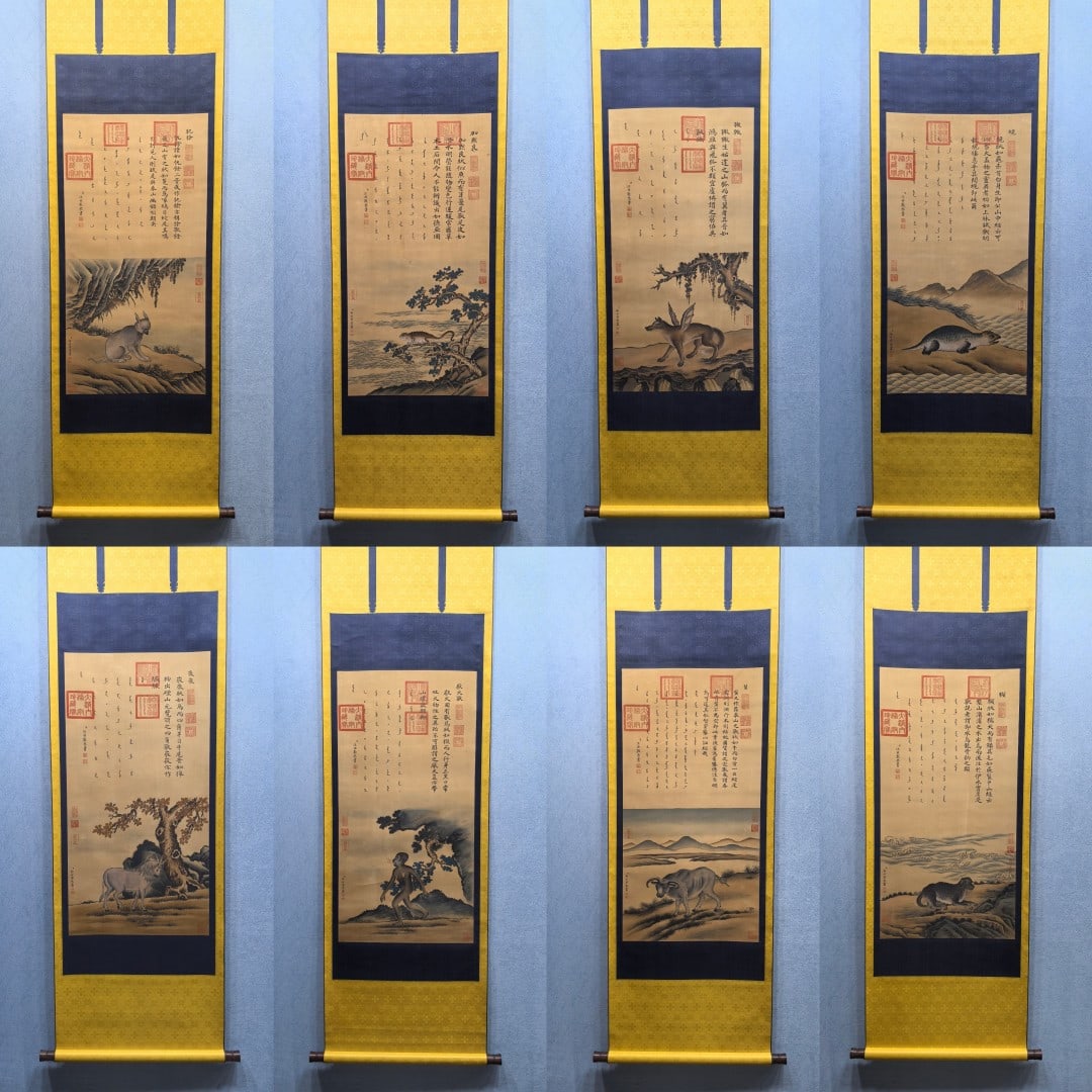 A Chinese Vertical Scroll Ink Painting of Animal on Silk: A Chinese Vertical Scroll Ink Painting of Animal on Silk,Lang Shining,Size:18.6inx36.5in 