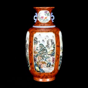 A Rare Imitation Wood Grain Glazed Famille-Rose Landscape Pattern Double-Ears Vase
