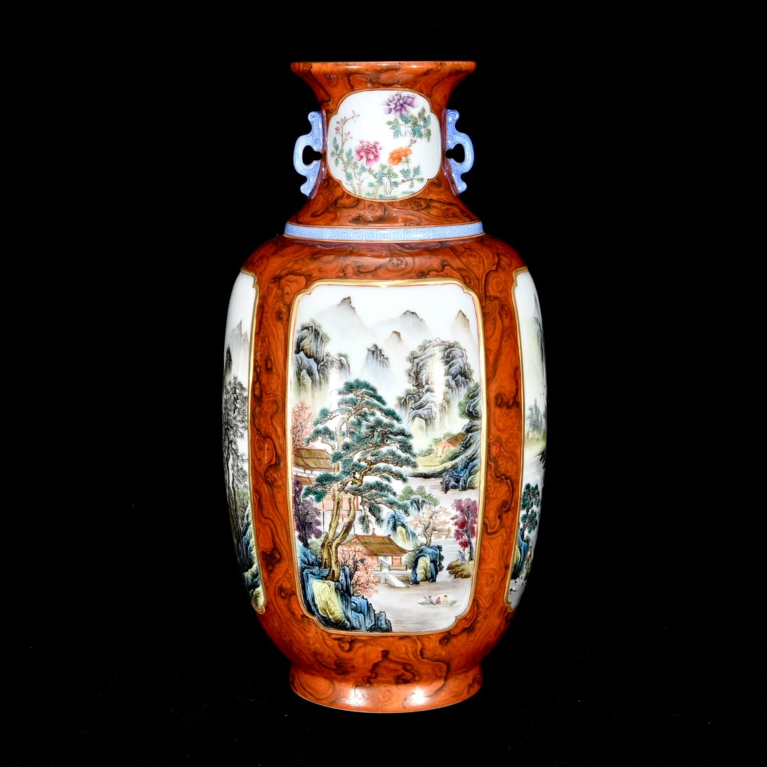 A Rare Imitation Wood Grain Glazed Famille-Rose Landscape Pattern Double-Ears Vase: A Rare Imitation Wood Grain Glazed Famille-Rose Landscape Pattern Double-Ears Vase,Qing Dynasty,China,Qianlong Six-Character Mark,Size:13inx6.5in 