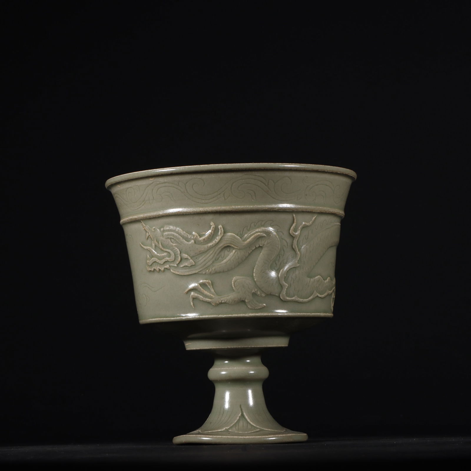 An Exquisite Yue yao Dragon Pattern Stem Cup: An Exquisite Yue yao Dragon Pattern Stem Cup,Tang Dynasty,China,Size:3.5inx3.4in 越窑龙纹高足杯,中国唐代