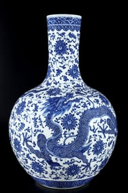 An Exquisite Blue and White Lotus and Dragon Pattern Vase