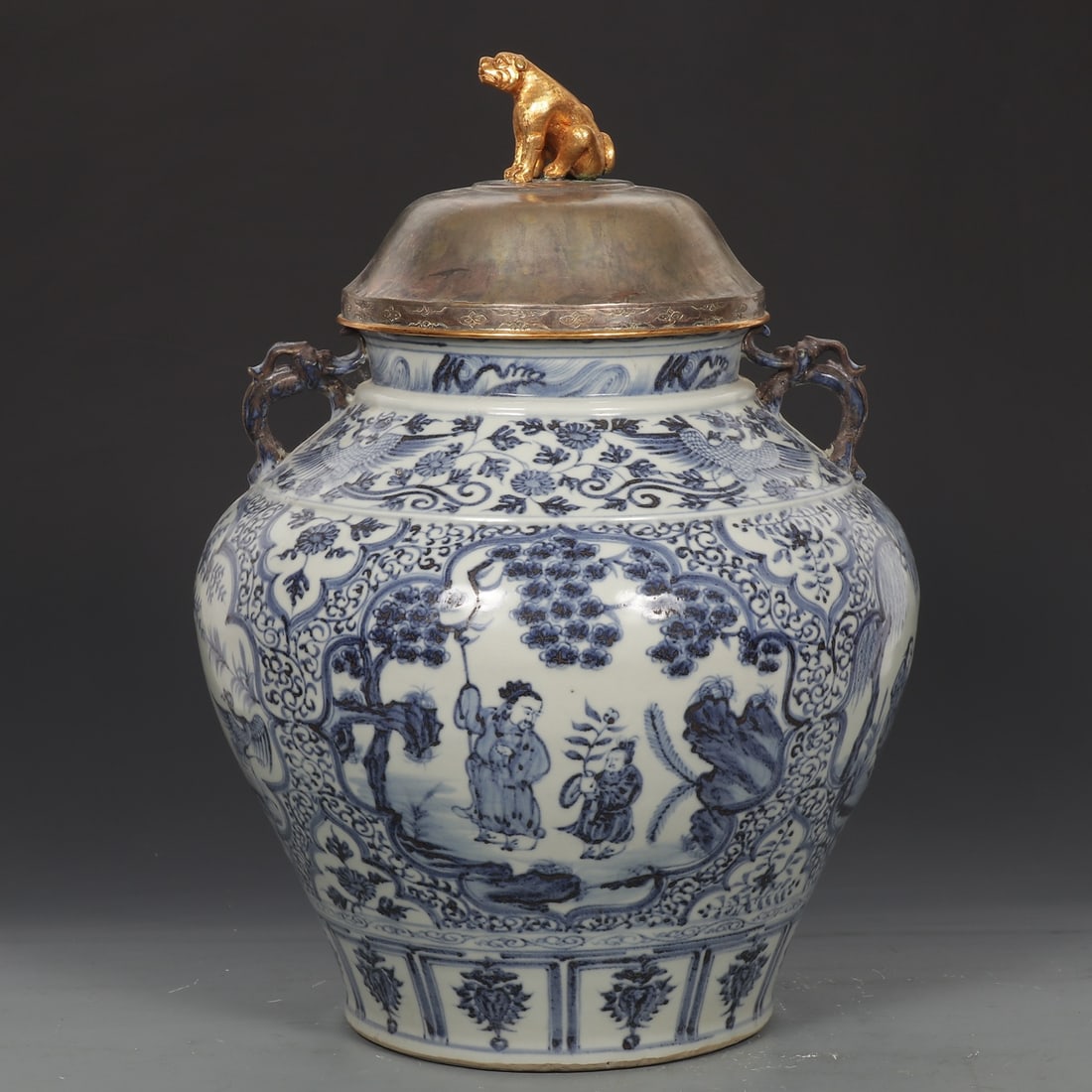 An Exquisite Blue and White Character and Story Pattern Jar,with Gilt Cover: An Exquisite Blue and White Character and Story Pattern Jar,with Gilt Cover,Yuan Dynasty,China,Size:17.9inx13.4in 