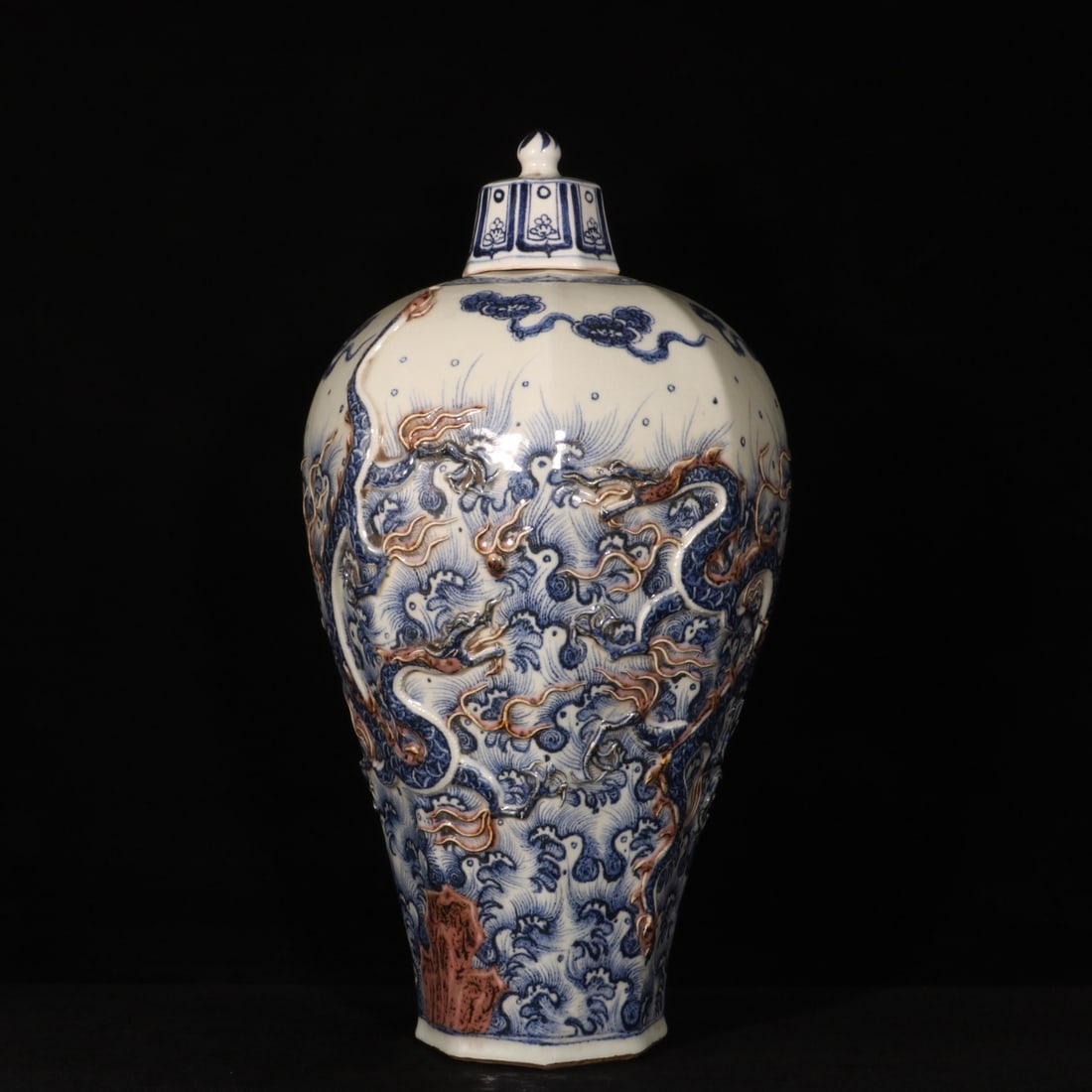 An Exquisite Blue and White Underglaze-Red Seawater Dragon Pattern Bottle: An Exquisite Blue and White Underglaze-Red Seawater Dragon Pattern Bottle,Yuan Dynasty,China,Size:20.1inx0.8in 