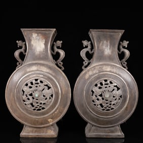 A Pair of Exquisite Silver Dragon Pattern Dragon-Ears Vases