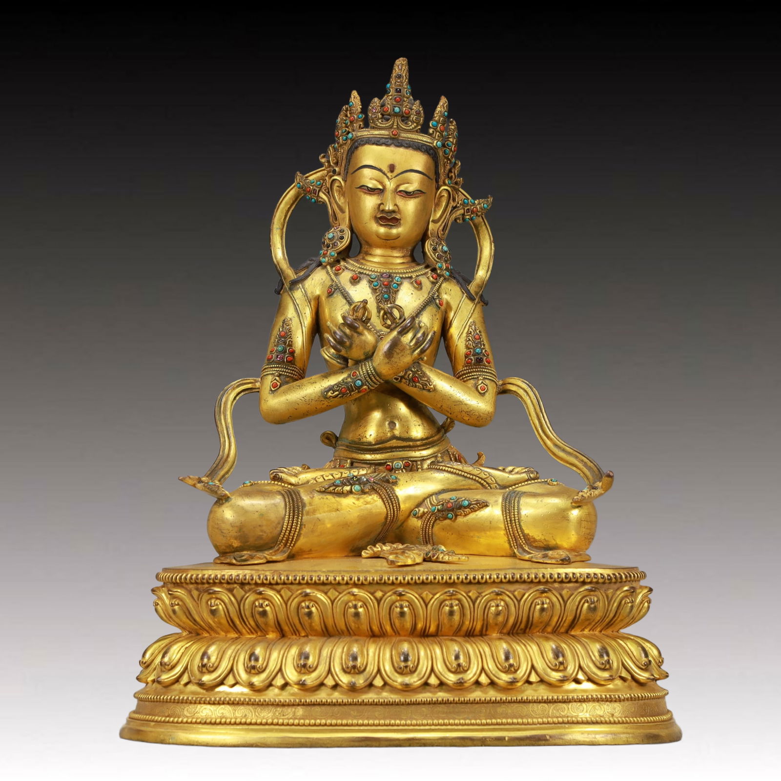 A Solemn Gilt Bronze Statue of Bodhisattva,Inlaid Turquoise: A Solemn Gilt Bronze Statue of Bodhisattva,Inlaid Turquoise,Ming Dynasty, China,Size:13.4inx10.6inx18.1in,Weight:14550g 