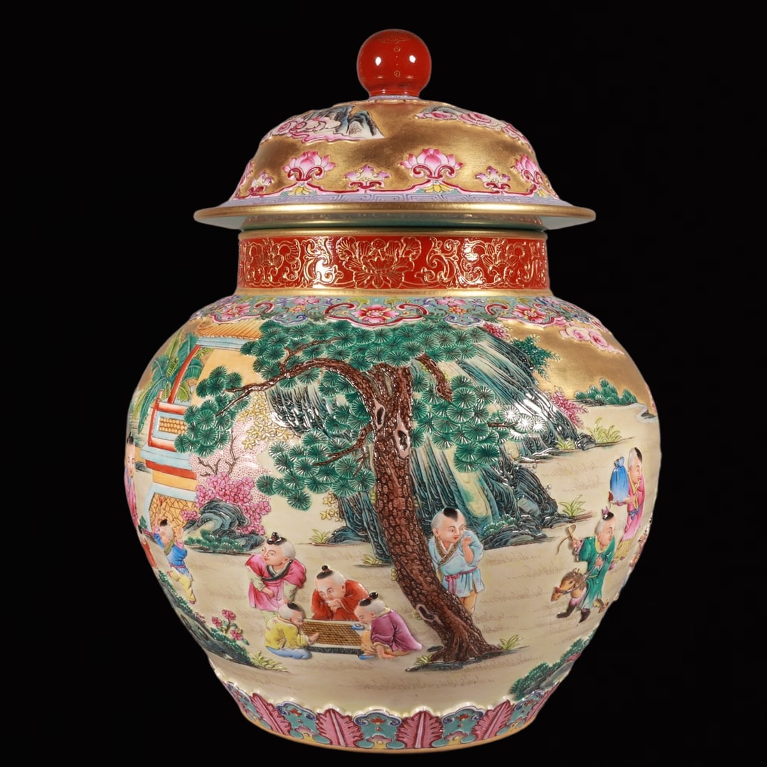 A Rare Enamel Gold Ground Figure and Story Pattern Tea Caddy (1 of 9)