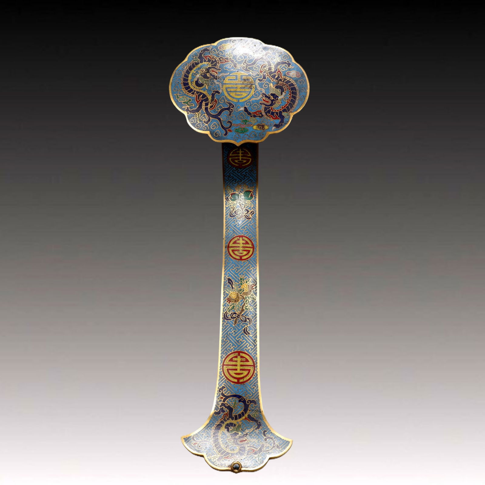 A Exquisite Cloisonne Bats and Peach Pattern Dragon Pattern Ruyi: A Exquisite Cloisonne Bats and Peach Pattern Dragon Pattern Ruyi , Ming Dynasty, China, Wanli Six-character Mark , Size:12.2inx4.1inx2.4in Weight:500g 