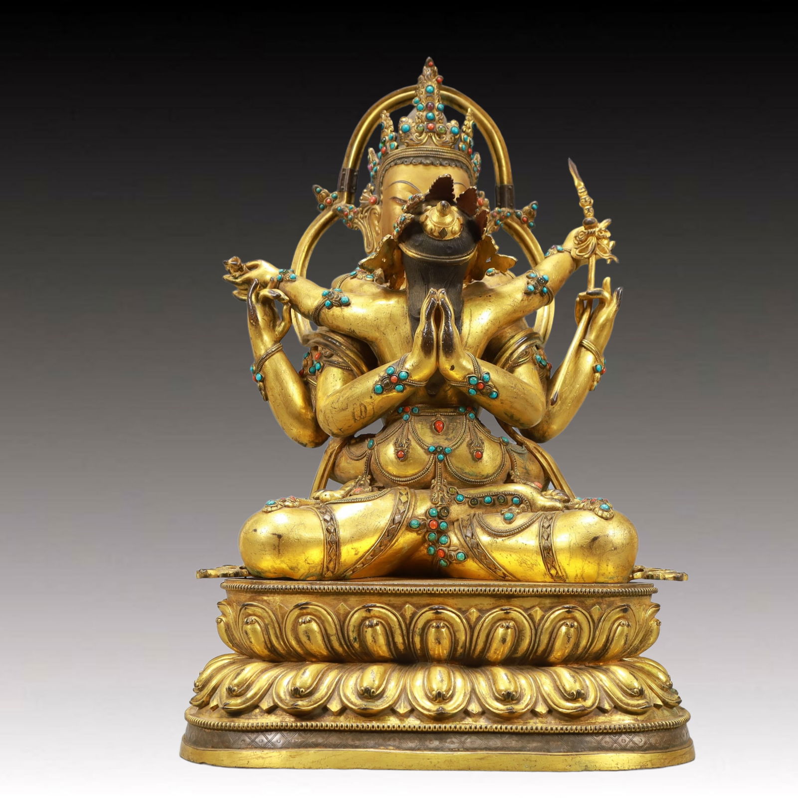 A Solemn Gilt Bronze Statue of Avalokitesvara,Inlaid Turquoise: A Solemn Gilt Bronze Statue of Avalokitesvara,Inlaid Turquoise,Ming Dynasty, China,Size:11.2inx7.1inx18.3in,Weight:16250g 
