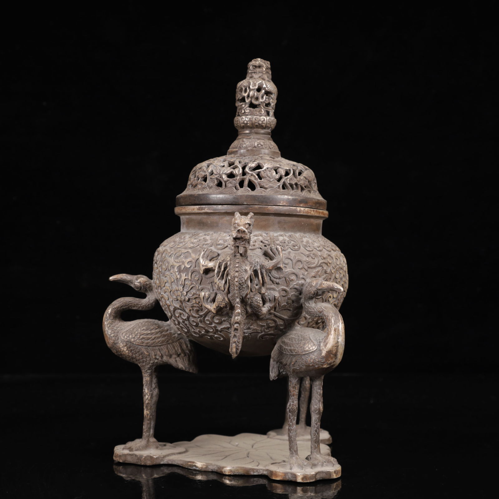 An Exquisite Silver Lotus Pattern Crane Censer - 10