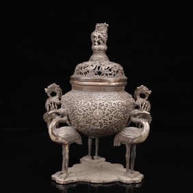 An Exquisite Silver Lotus Pattern Crane Censer