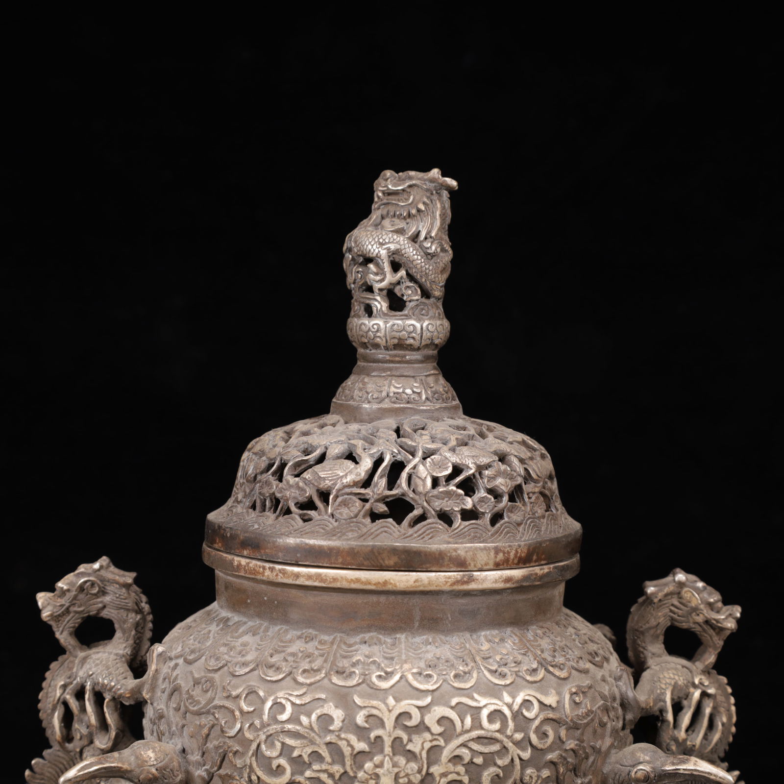 An Exquisite Silver Lotus Pattern Crane Censer - 2