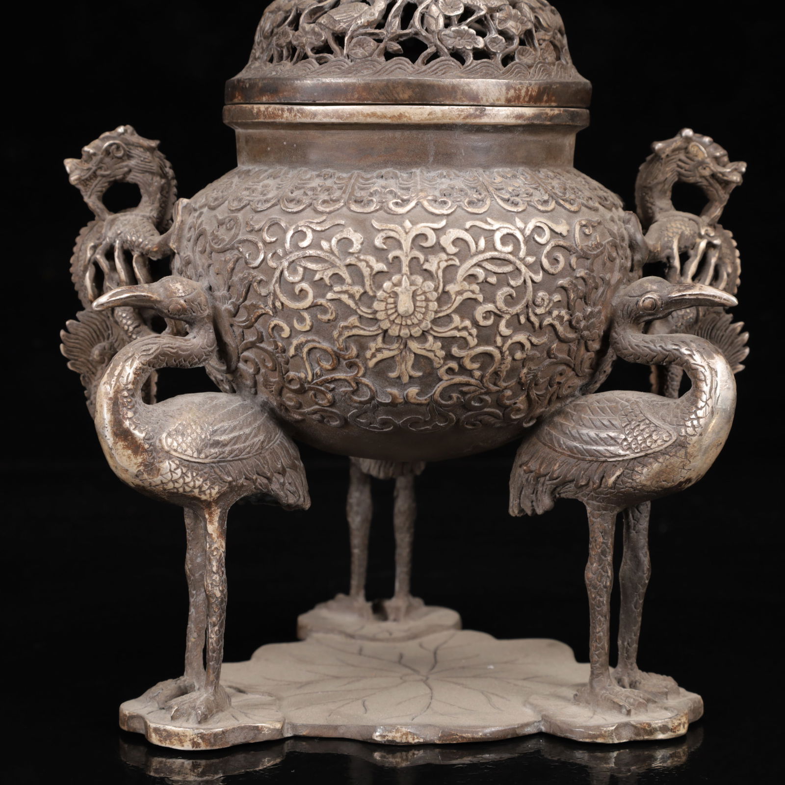 An Exquisite Silver Lotus Pattern Crane Censer - 3