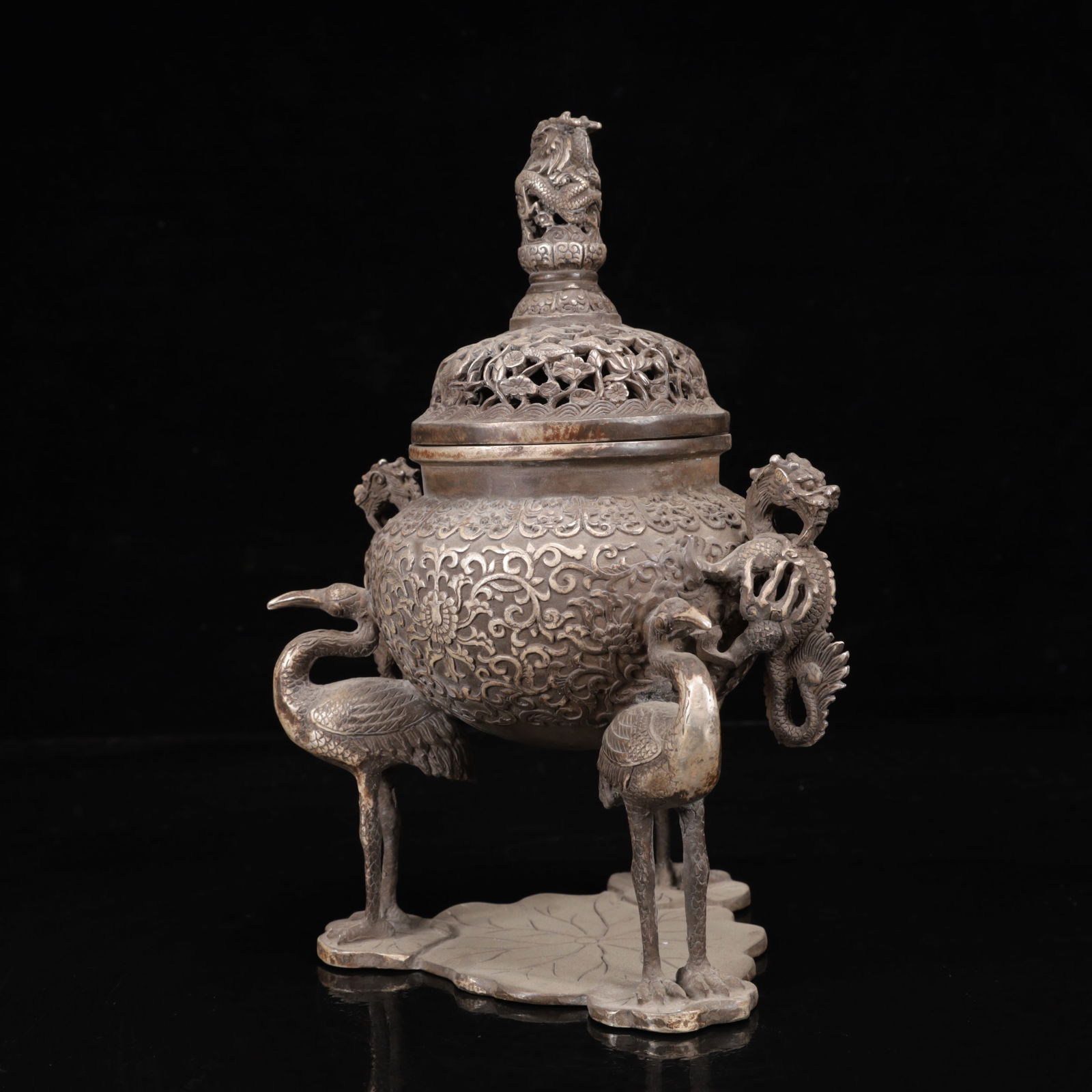 An Exquisite Silver Lotus Pattern Crane Censer - 4