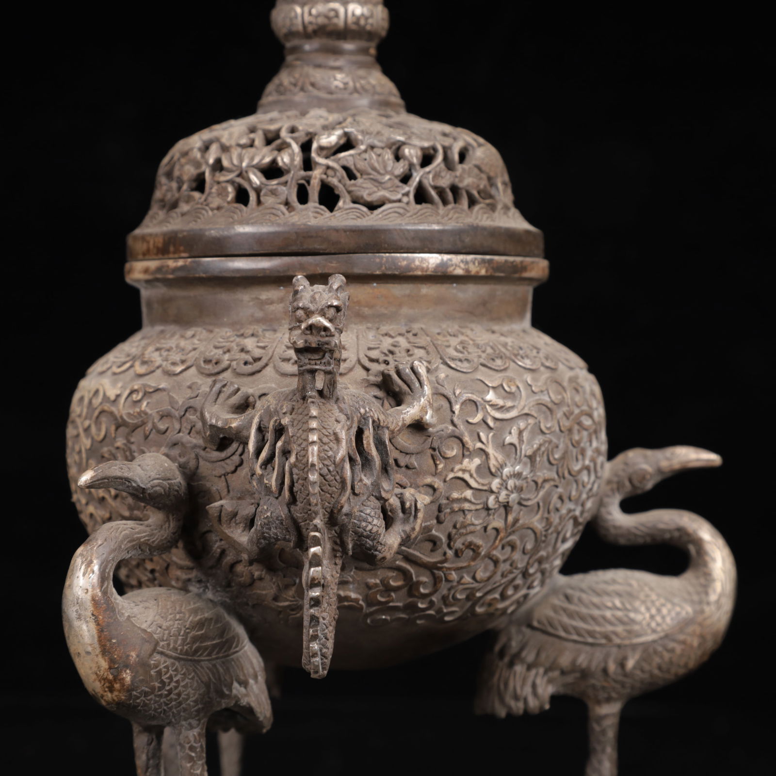 An Exquisite Silver Lotus Pattern Crane Censer - 6