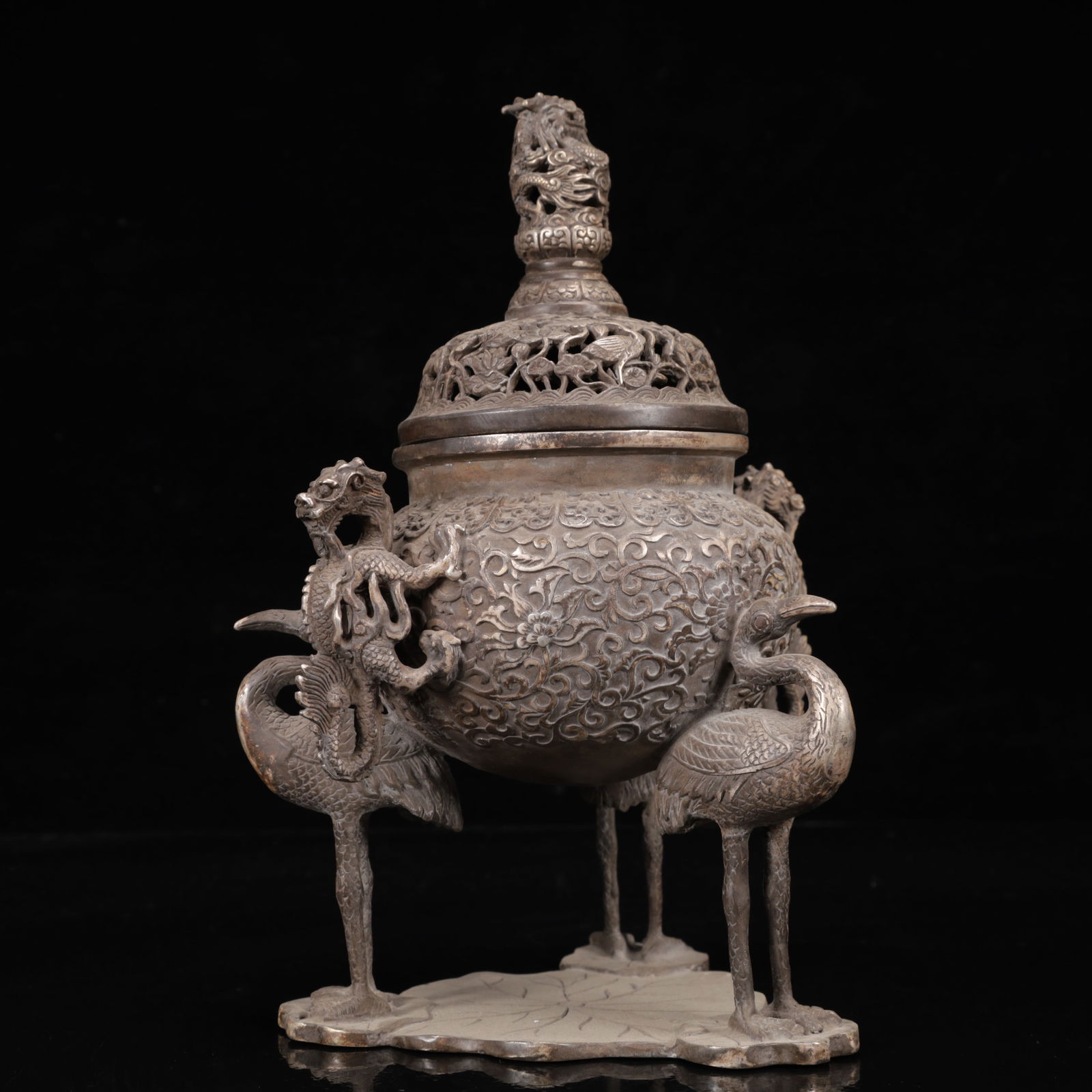 An Exquisite Silver Lotus Pattern Crane Censer - 7