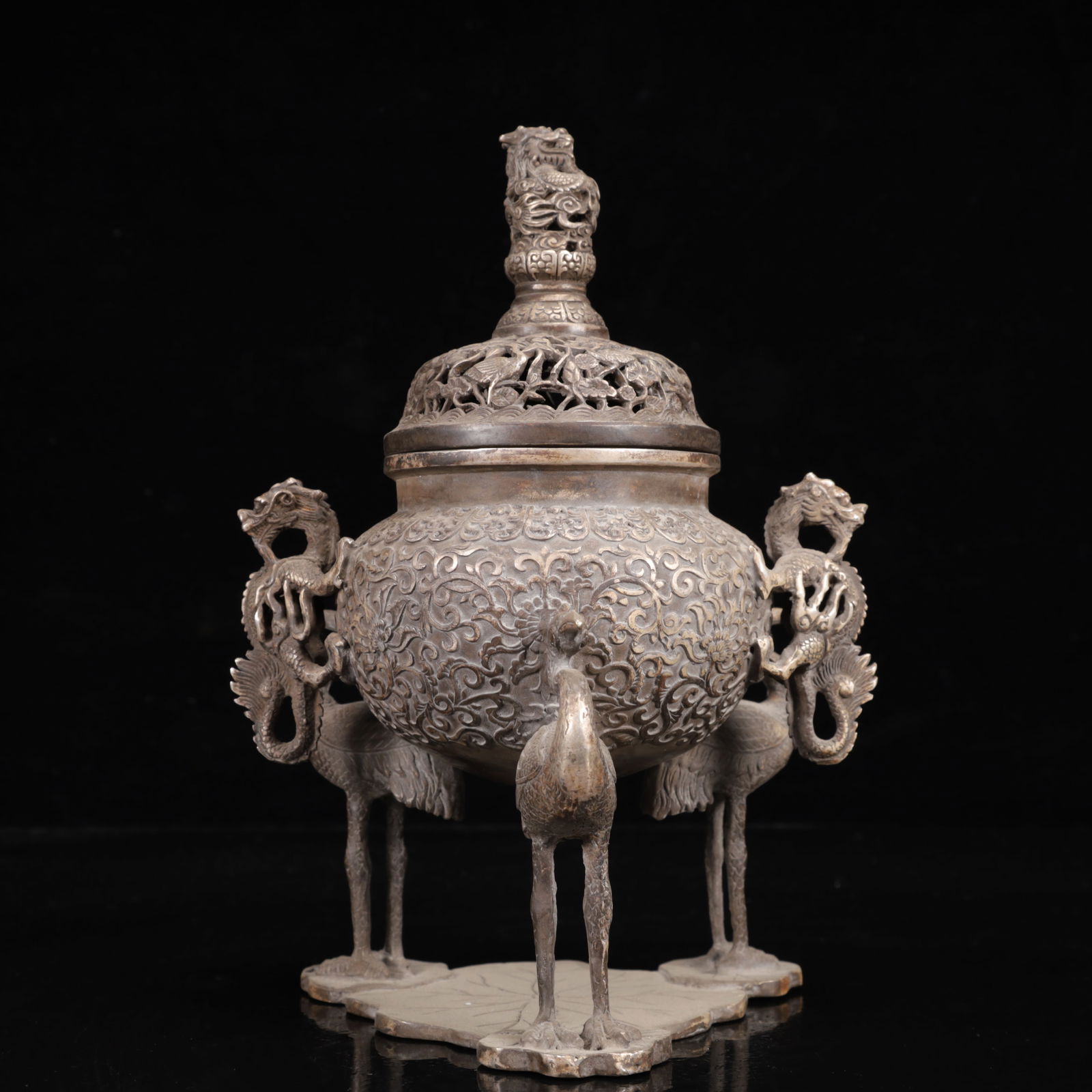 An Exquisite Silver Lotus Pattern Crane Censer - 8