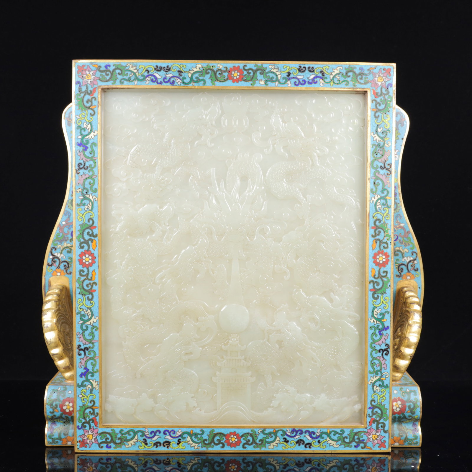 An Exquisite Cloisonne Inlaid White Jade Dragon Pattern Table Screen,with poem - 15