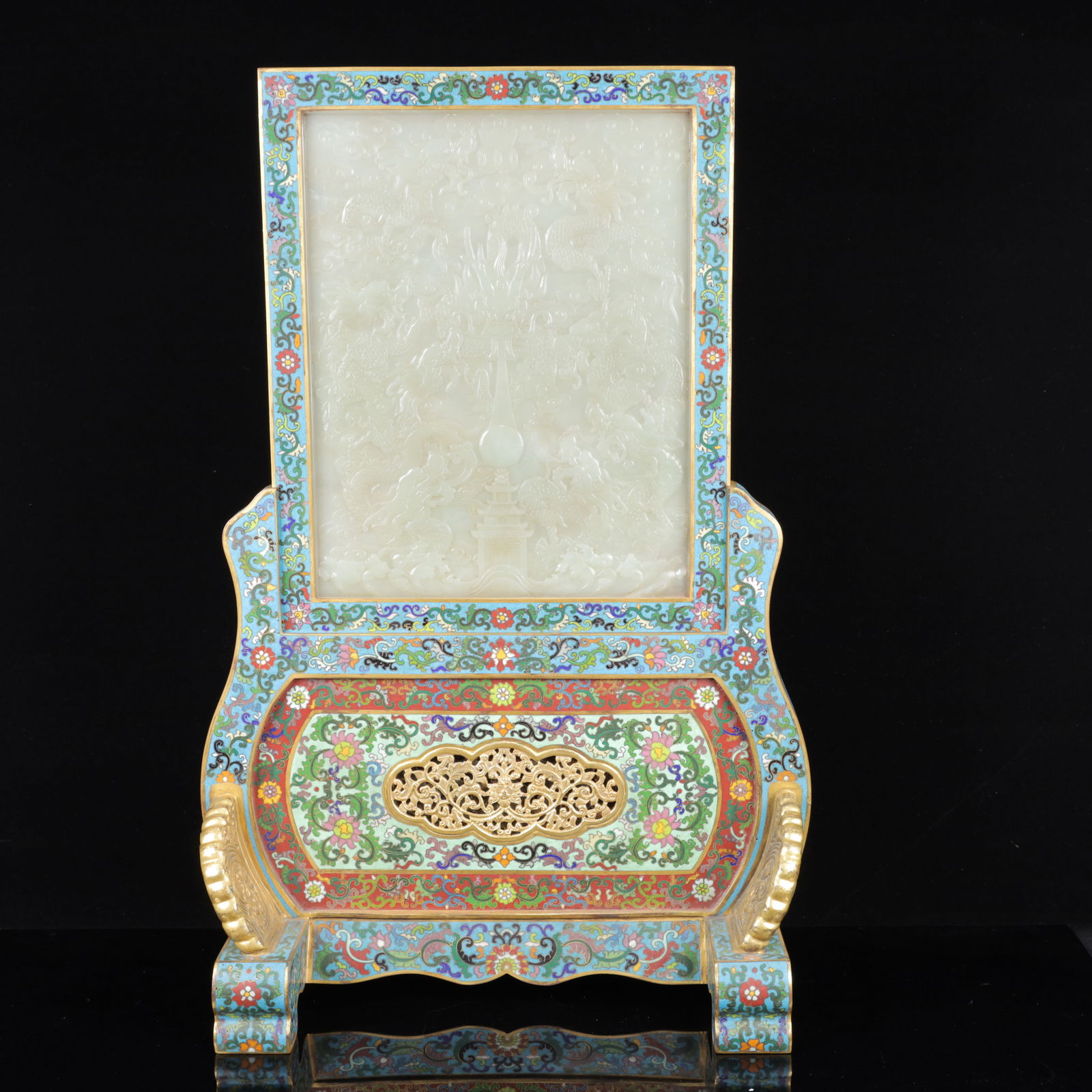 An Exquisite Cloisonne Inlaid White Jade Dragon Pattern Table Screen,with poem: An Exquisite Cloisonne Inlaid White Jade Dragon Pattern Table Screen,with poem,Qing Dynasty, China,Size:23.6inx15.7inx7.5in,Weight:7800g 
