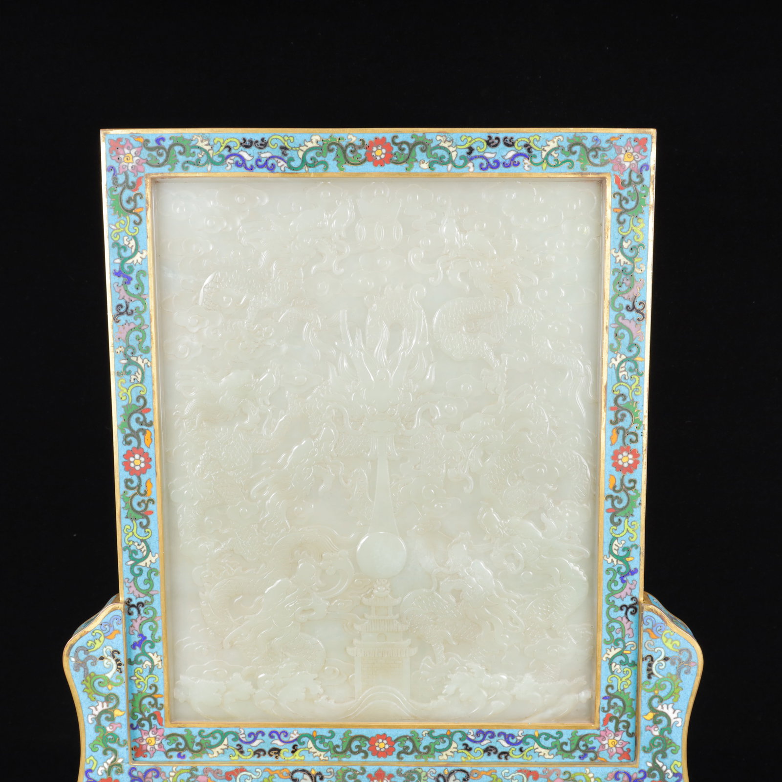 An Exquisite Cloisonne Inlaid White Jade Dragon Pattern Table Screen,with poem - 2