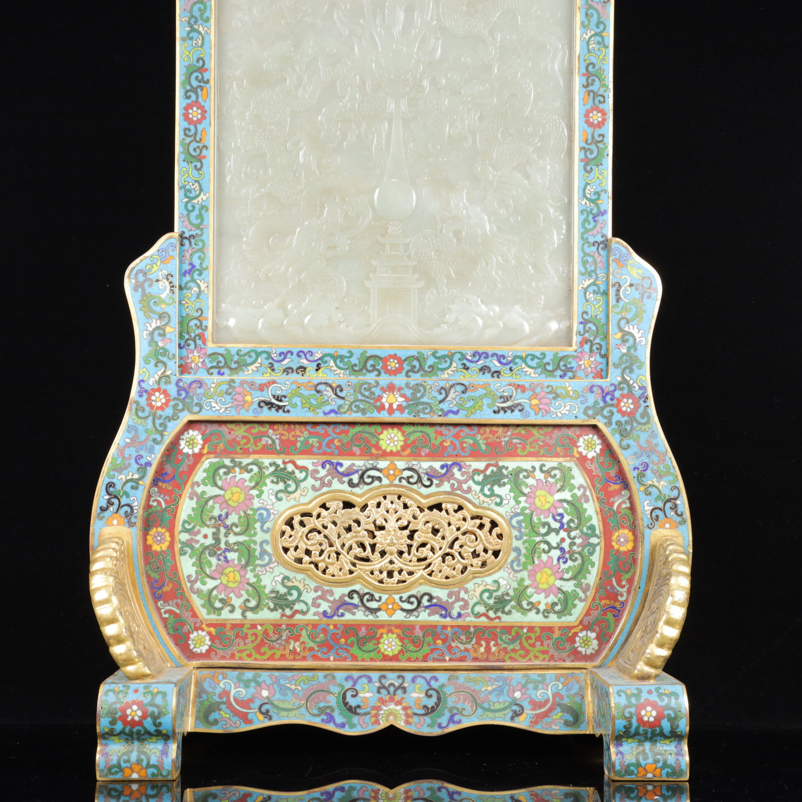 An Exquisite Cloisonne Inlaid White Jade Dragon Pattern Table Screen,with poem - 5