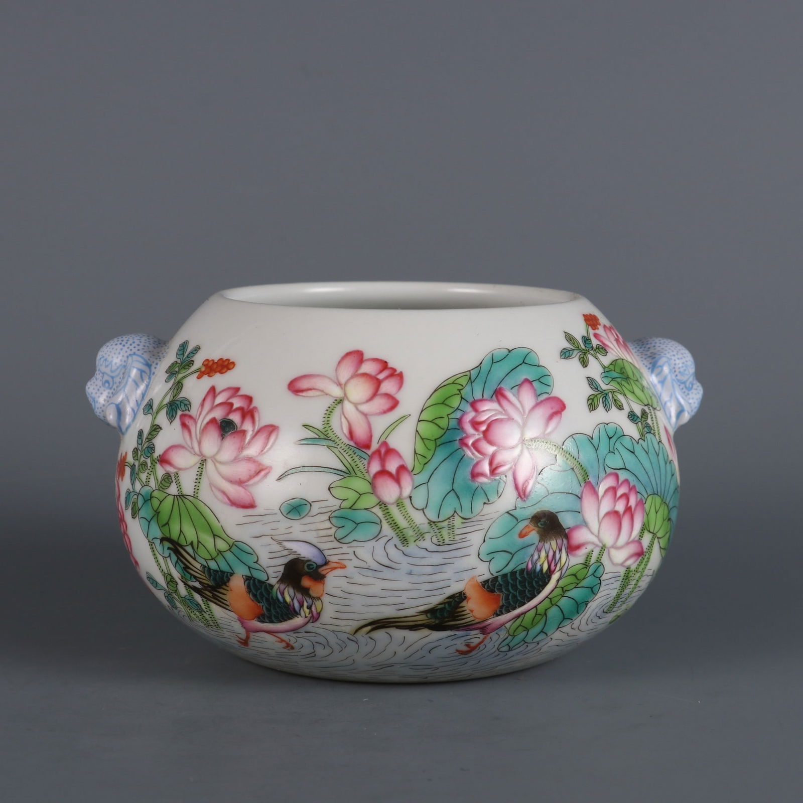 An Exquisite Famille-Rose Flower and Mandarin Duck Pattern Beast-Ears Brush Washer: An Exquisite Famille-Rose Flower and Mandarin Duck Pattern Beast-Ears Brush Washer,Qing Dynasty,China,Yongzheng Six-character Mark,Size:2.8inx2.6in 