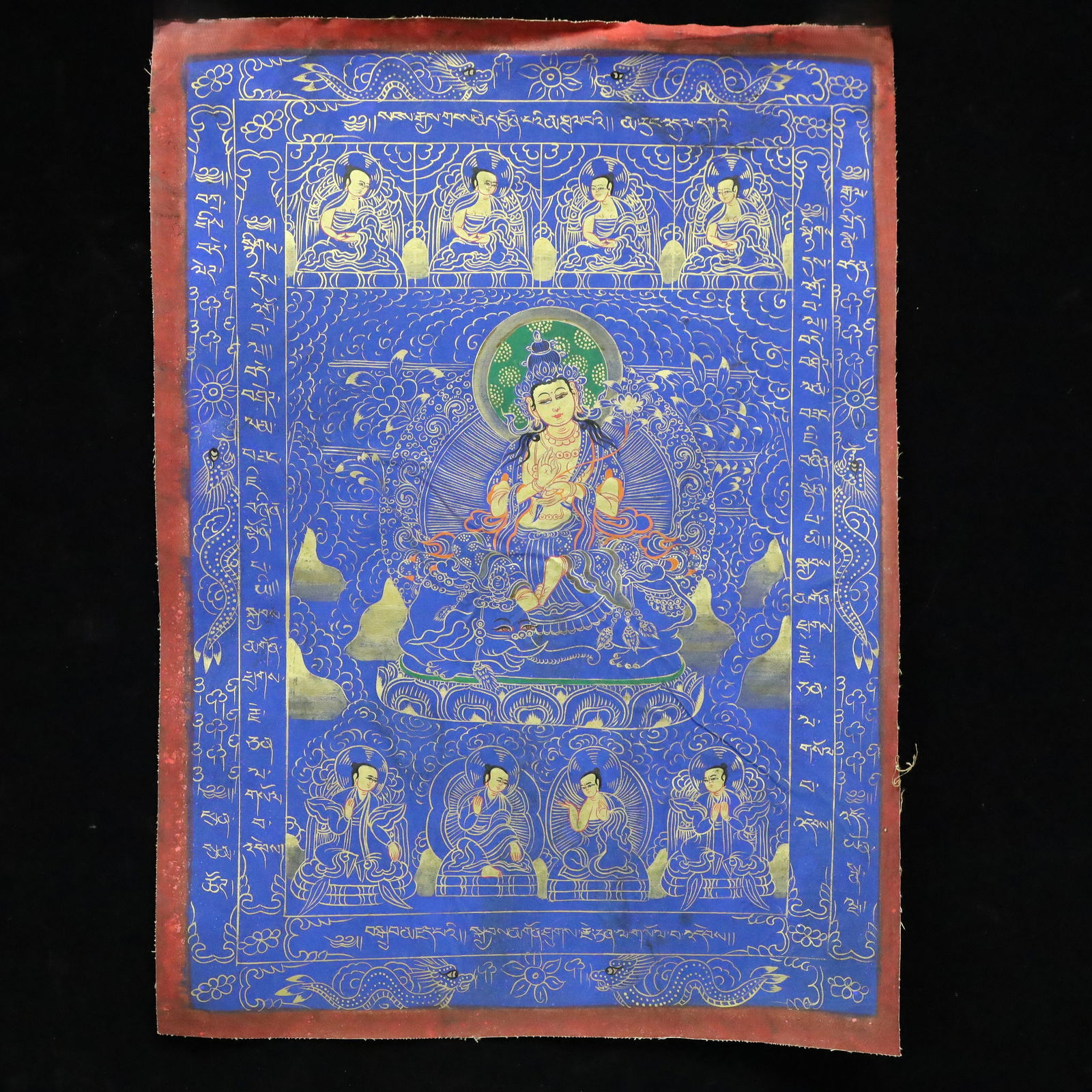 A Rare Brocade Painted Color Statue of Manjusri Tangka: A Rare Brocade Painted Color Statue of Manjusri Tangka,Qing Dynasty, China,Size:17.3inx23.6in 