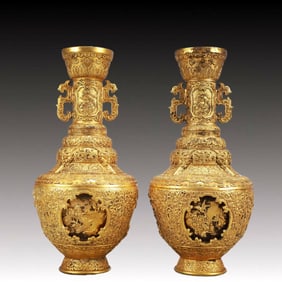 A Pair of Rare Gilt Bronze Flower and Bird Pattern Double-Ears Vases
