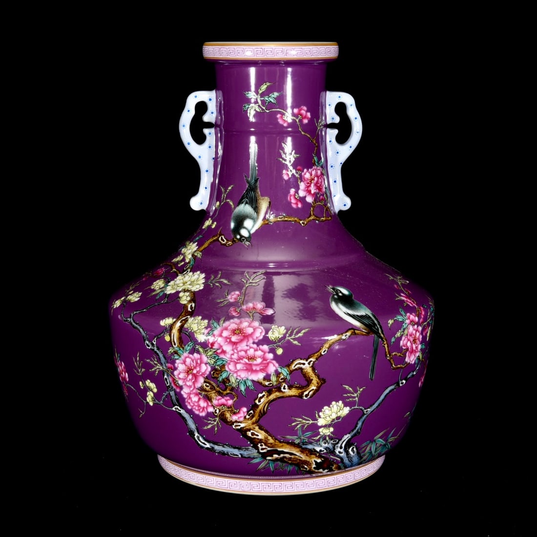 An Exquisite Purple Glazed Famille-Rose Flower and Bird Pattern Double-Ears Vase: An Exquisite Purple Glazed Famille-Rose Flower and Bird Pattern Double-Ears Vase,Qing Dynasty,China,Yongzheng Four-Character Mark,Size:10.2inx8.3in 紫釉粉彩花鸟 
