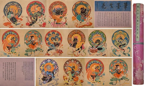 A Chinese Hand Scroll Ink Painting of the Twelve Chinese Zodiac Signs on Silk