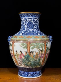 An Exquisite Blue and White Enamel Character and Story Pattern Beast-Ears Vase