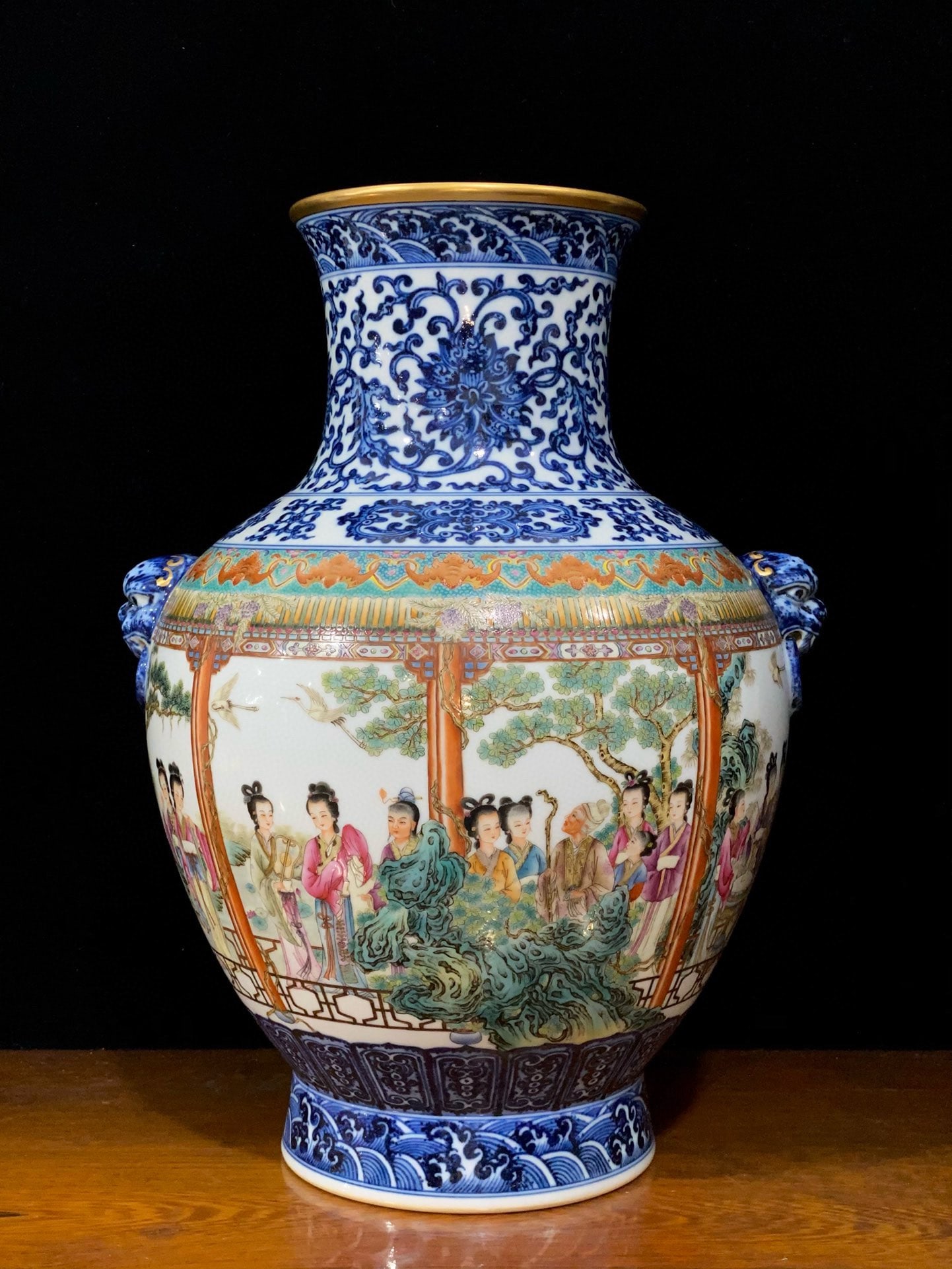 An Exquisite Blue and White Enamel Character and Story Pattern Beast-Ears Vase: An Exquisite Blue and White Enamel Character and Story Pattern Beast-Ears Vase,Qing Dynasty,China,Qianlong Six-character Mark,Size:14.3inx10.6in 