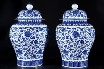 A Pair of Exquisite Blue and White Lotus Pattern Jars with Cover