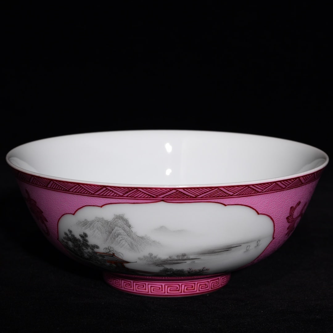 An Exquisite Ruby Red Glazed Ink Color Landscape Pattern Bowl: An Exquisite Ruby Red Glazed Ink Color Landscape Pattern Bowl,Qing Dynasty,China,Yongzheng Six-Character Mark,Size:2.3inx5.6in 胭脂红釉墨彩山水纹&