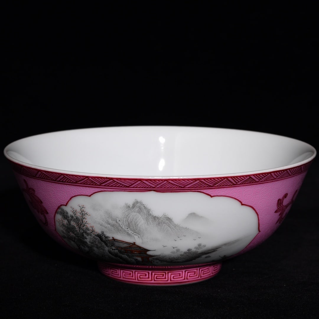 An Exquisite Ruby Red Glazed Ink Color Landscape Pattern Bowl - 3