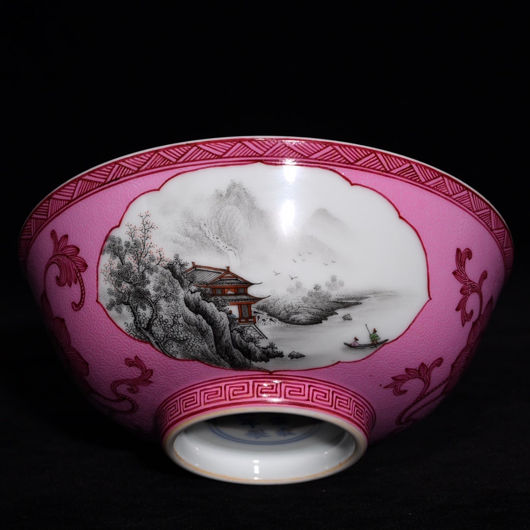 An Exquisite Ruby Red Glazed Ink Color Landscape Pattern Bowl - 5
