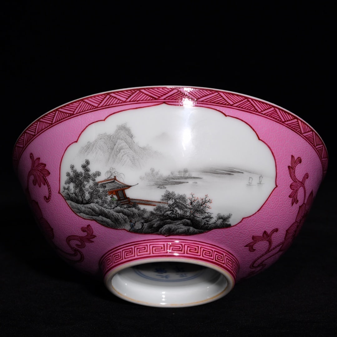 An Exquisite Ruby Red Glazed Ink Color Landscape Pattern Bowl - 6